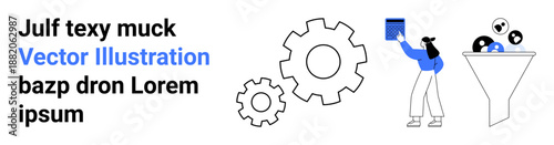Data processing, workflow, automation, technology, efficiency, teamwork. A person interacting with data funnel, gears and data elements. Data processing and workflow automation concept