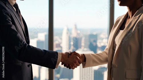 Business Professional Handshake in Modern Office with City View