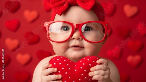 Baby holding heart shaped pillow