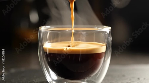 Fresh Espresso Pouring into Double-Walled Glass with Crema