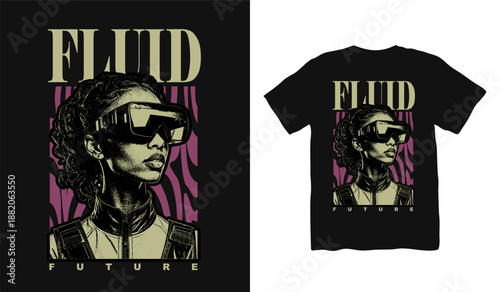 Fluid Retro futuristic streetwear t-shirt design, Edgy streetwear vector, typography design for print, Retrofuturism poster, Y2k apparel design, Urban quotes graphic t shirt