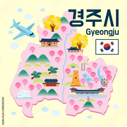 Gyeongju Tourist Map vector illustration. Gyeongju attraction in Cherry blossom season. Korean Translation: "Gyeongju City"
