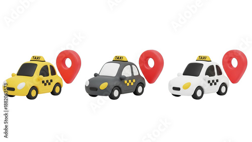 3d Taxi Cars With Location Pins For Ridesharing And Navigation