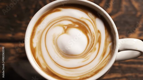Milk splashing into a cup of black coffee on a wooden table
