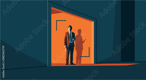 A confident businessman stands at the threshold of a brightly lit doorway, symbolizing new opportunities, career advancement, and a path to success.