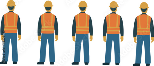 Group of construction workers wearing safety helmets and reflective vests industrial labor workforce flat vector illustration isolated