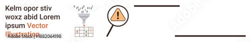 Data analysis, error detection, cybersecurity, information filtering, digital warning, technology visuals. Funnel filtering data into rows, magnifying glass highlighting a warning. Data analysis