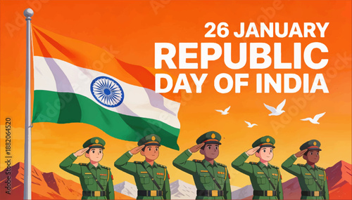 A flat vector illustration with the Indian flag flying and soldiers saluting in service of their homeland, with the text  26 January - Republic Day of India_02.