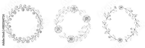 Elegant hand-drawn floral wreaths with delicate leaves and flowers, perfect for wedding invitations and rustic designs, black ink outline