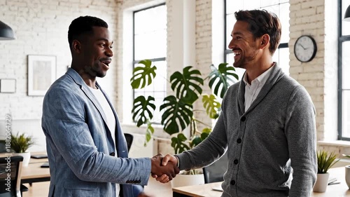 Diverse businessmen shaking hands in a modern creative office space