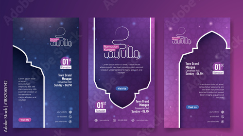 Ramadan Kareem Portrait Social Media Post Template with Mosque Pulpit and Purple Blue Pink Gradient