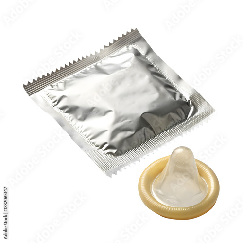 Silver square foil packaging and natural latex condom isolated on transparent background