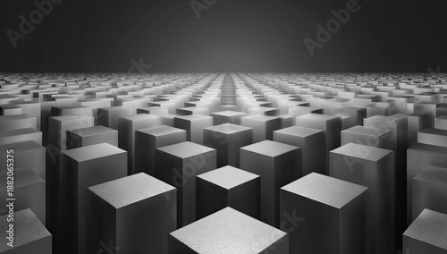 Abstract grayscale perspective of an infinite grid of repeating geometric cube shapes