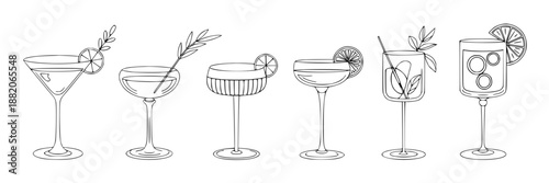 Collection of hand-drawn line art cocktail glasses with garnishes like citrus slices and herbs, perfect for bar menus or party invitations.