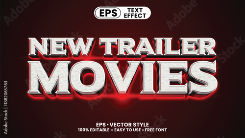 Cinematic 3d editable new trailer movies vector text effect with metallic silver texture and red neon glow for film titles.