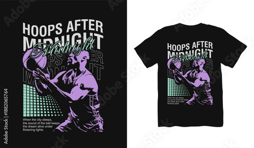 Hoops After Midnight Basketball streetwear t shirt design, urban t shirt, Basketball challenge, sport design, street style fashion, urban trendy t-shirt design, basketball club Illustration