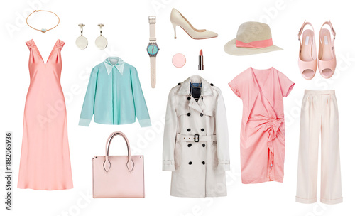 Beautiful women's clothes set isolated, femal clothing collection, spring apparel, pink white garment,collage of trendy wear and acessories.