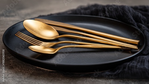 Elegant matte black plate with golden cutlery set and dark cloth