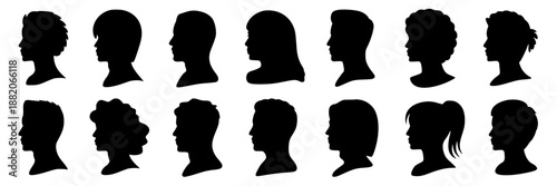 Diverse set of black male and female profile silhouettes showing various hairstyles and ages, presented in a clean, flat design style for graphic resources.