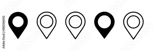 Collection of five location pin icons in black and outline styles, representing map markers for navigation and search on a clean white background.