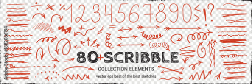 Transparent background red marker strokes with emphasis arrows and pencil scribbles.