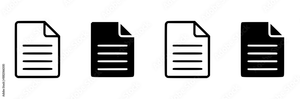 Fototapeta premium Set of four document icons in outline and solid black fill styles, representing paper sheets with horizontal lines of text for data and information concepts.