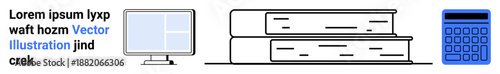Monitor with text, stack of books, and calculator symbolizing learning, research, and productivity. Ideal for education, e-learning, study tips, online courses tutoring library tools simple