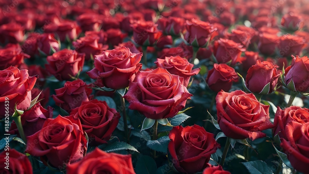 Obraz premium Field of Fresh Red Roses with Morning Dew Drops and Soft Sunlight