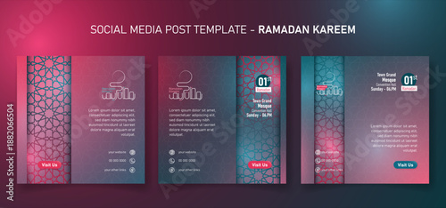 Square Ramadan Kareem Social Media Post Template with Green Pink Gradient and Islamic Pattern