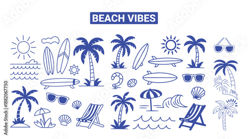Blue illustration of beach elements including palm trees waves surfboards and sunglasses bundle