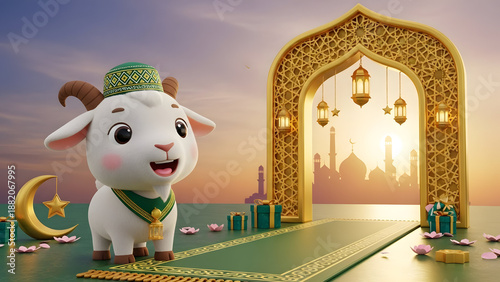 Eid al adha celebration with goat cartoon character