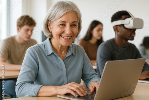 Learning Innovation: A senior student sits at her desk, engrossed in her studies on a laptop, surrounded by peers who reflect the dynamic landscape of modern education and the innovative uses of VR.