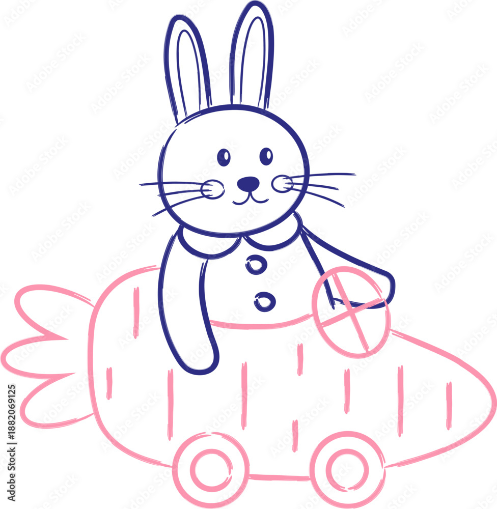 Fototapeta premium A bunny is sitting in a car shaped like a carrot. Easter and springtime. Hand drawn line art in a naive folk art style.