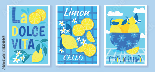 Lemon italian posters. Summer italy lemon flower wedding invitation greeting cards, amalfi or greece coast travel floral vintage design abstract elegant neat vector illustration