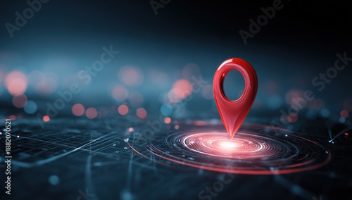 Red map pin glows on abstract digital navigation surface.