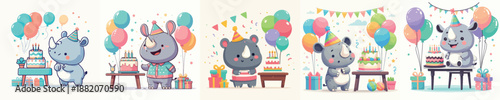 cute rhino vector having a birthday