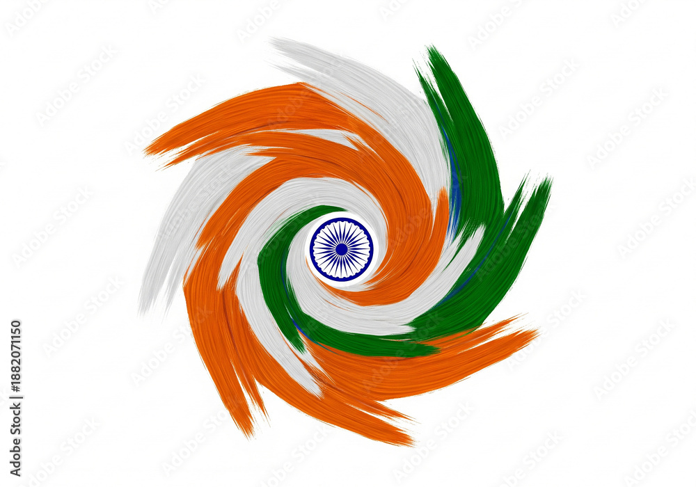 Obraz premium Abstract Spiral Design of the Indian National Flag with Dynamic Swirling Brushstrokes and Ashoka Chakra Centerpiece