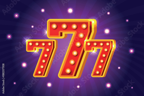 777 bulb banner. Retro casino slot machine big win, jackpot poster light bulbs signboard vintage vegas lottery poker roulette promotion game background, kicky vector illustration