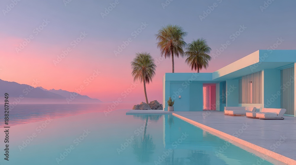 Fototapeta premium Luxury home with palms and pool at ocean, pink sunset background. Ideal for travel, real estate, and design projects with vibrant color.
