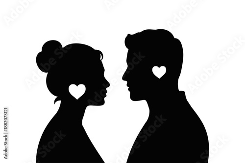 Romantic couple silhouettes with hearts. silhouette of a couple. Romantic couple love and connection icon