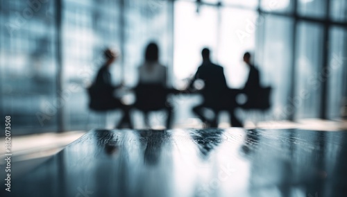 Silhouettes of people meeting around a table in a bright modern office.