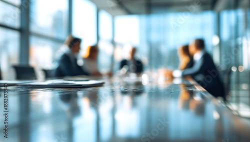 Blurred business meeting around a reflective conference table indoors.