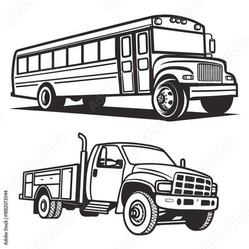 Illustrated school bus and fire truck