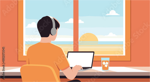 Young man in headphones working remotely on a laptop, enjoying a beautiful ocean sunset view from his window, embracing a relaxed and productive work-from-home lifestyle.