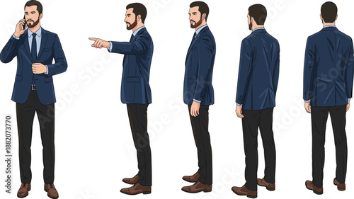 Realistic Vector Illustration Set of a Professional Businessman in Blue Suit with Diverse Poses and Perspectives.