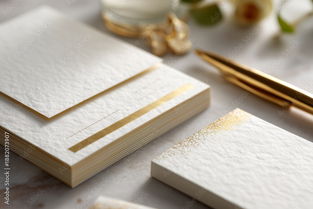 Obraz premium A stack of white paper with gold accents and a gold pen on top