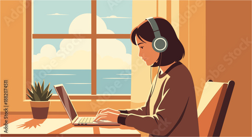 A young woman with headphones sits at a sunlit desk, diligently working on her laptop with a serene ocean view outside the window.