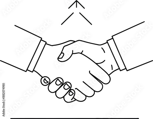 Simple line art illustration depicts two individuals firmly engaging in a professional handshake symbolizing agreement and successful partnership growth above a baseline.