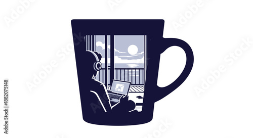 A person with headphones works on a laptop, silhouetted within a coffee mug, enjoying a serene view of the moonlit sky from a balcony.
