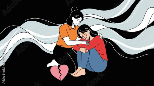 Empathy and Support Woman Comforts Crying Friend Over Broken Heart Symbol